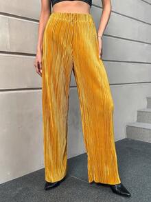 SHEIN Essnce Elastic Waist Wide Leg Pants - Gold - View 3
