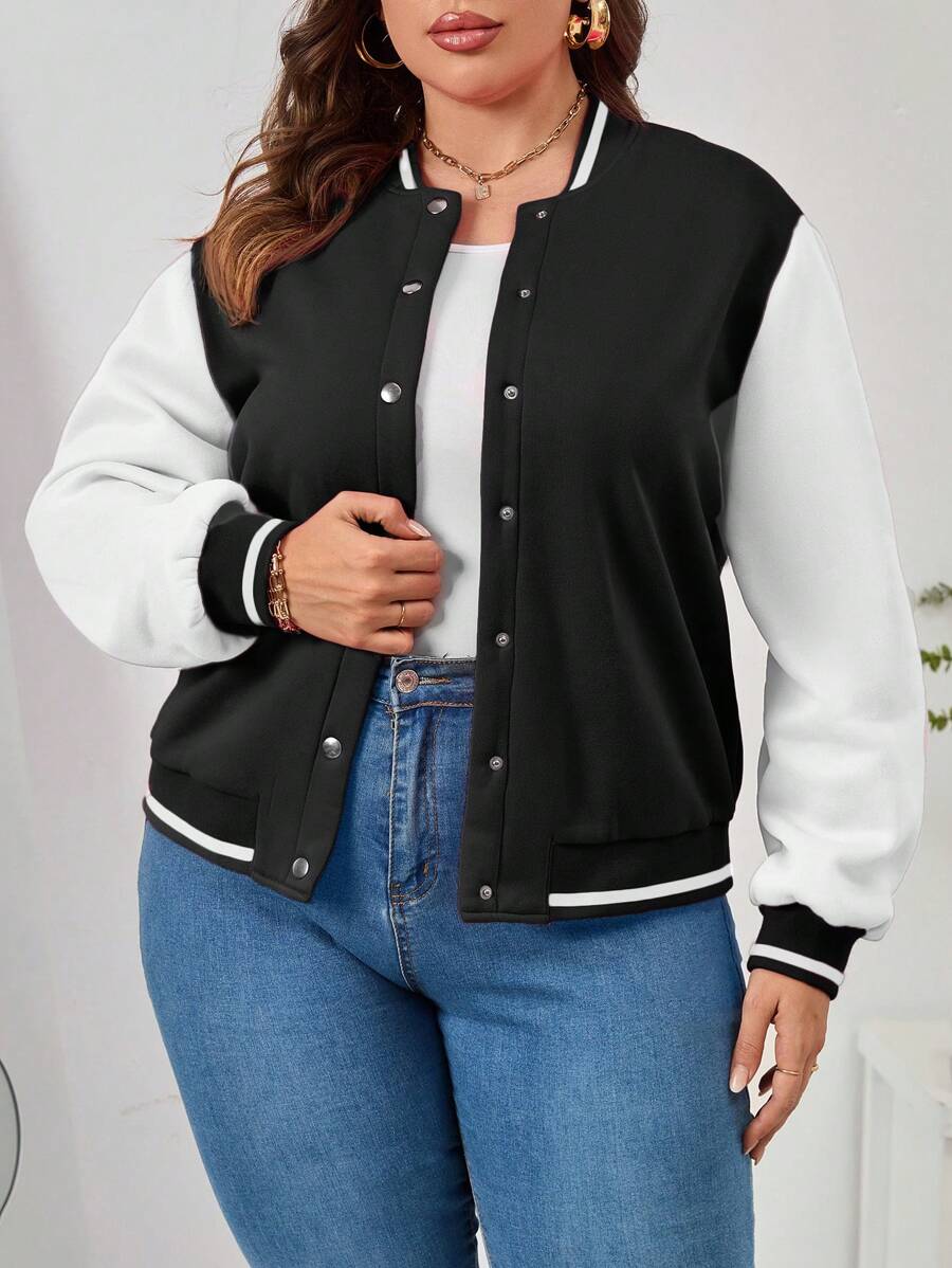 SHEIN Essnce Talla grande Cazadora tipo bomber de dos tonos ribete de rayas - Blanco y Negro - Ver 1