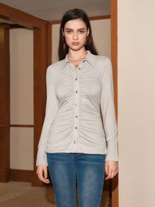 Anewsta 鈕扣式褶皺t恤 - 淺灰色 - 查看 1