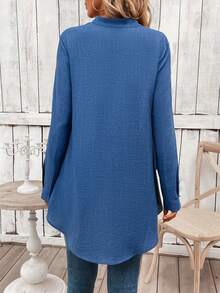 EMERY ROSE 素色前紐扣高低下擺襯衫 - 藍色 - 查看 2