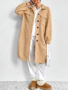 SHEIN EZwear Túi có nắp Thả vai Áo khoác Teddy - Màu be - Xem 5