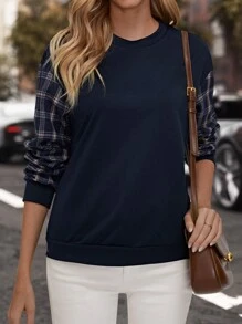 EMERY ROSE Contrast Plaid Print Drop Shoulder Sweatshirt - Navy Blue - View 1