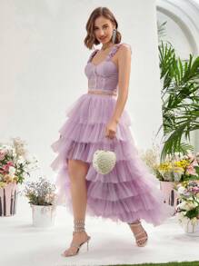 Enchnt High Low Layered Ruffle Mesh Overlay Skirt - Pink - View 6