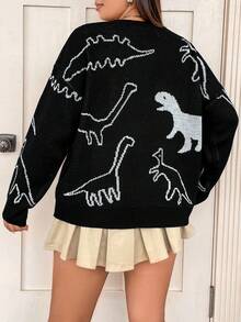 Flirla Hơn Đồ họa khủng long Thả vai Áo len - Đen và trắng - Xem 2