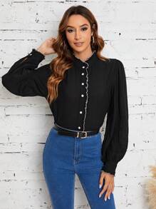 SHEIN Frenchy Frill Trim Button Front Shirt Winter Black Casual - Black - View 4