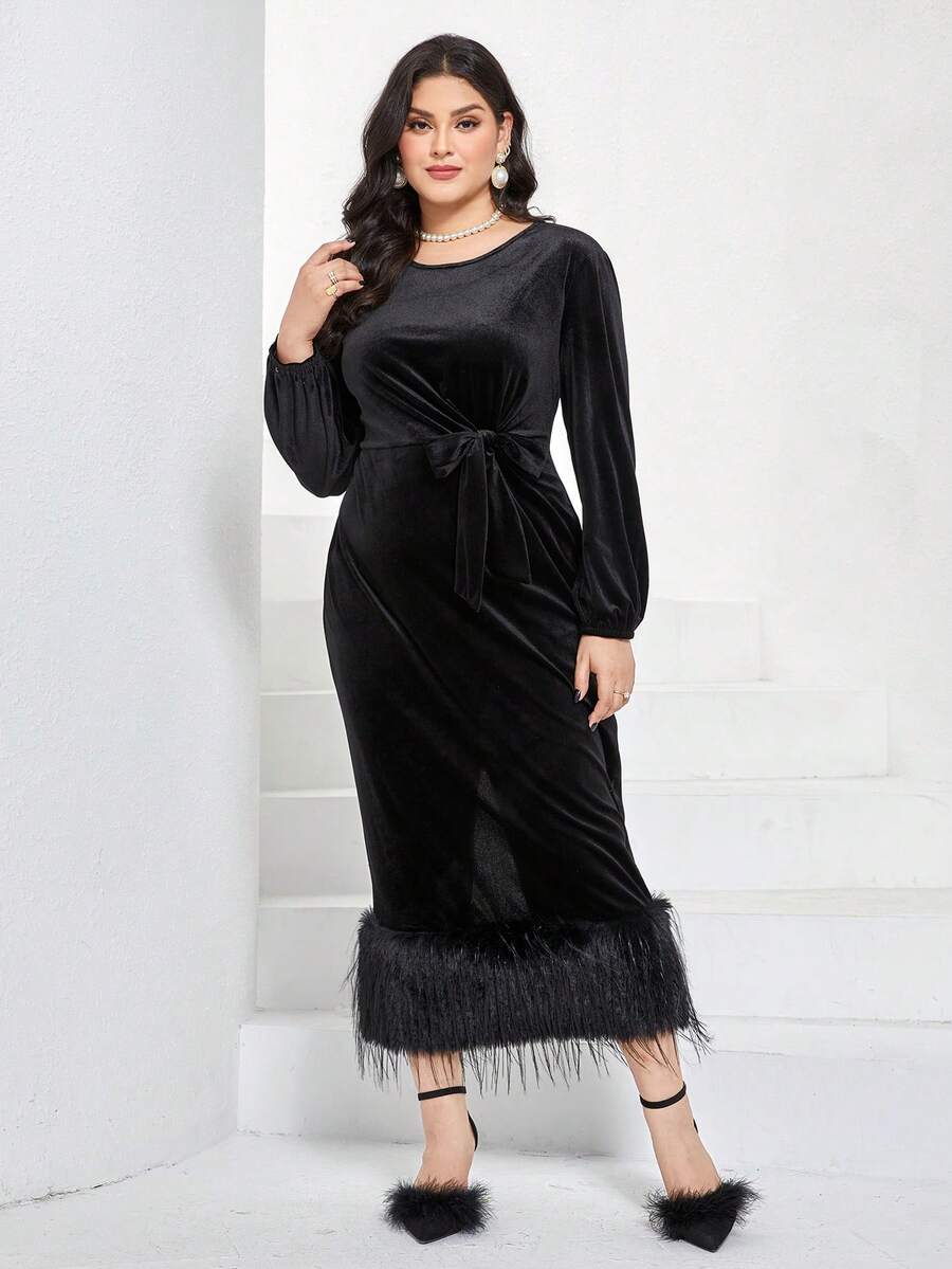 Modelyn Plus Fuzzy Hem Belted Velvet Dress - Black - View 1