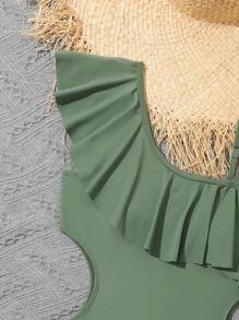 Sparklyn 青少年女孩熱帶圖案荷葉邊鏤空連體泳衣附沙灘裙