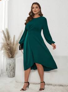 SHEIN Clasi 大碼燈籠袖前收褶洋裝 - 綠色 - 查看 1