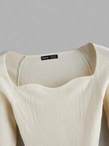 SHEIN BASICS Sweetheart Neck Raglan Sleeve Ribbed Knit Sweater,Long Sleeve Tops - Beige - View 4