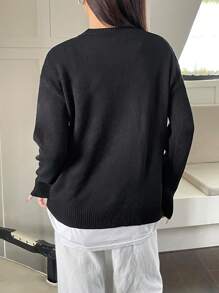 SHEIN LUNE 菱格纹落肩针织套头衫，适合秋冬季穿着 - 黑色 - 查看 2