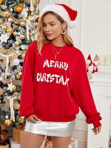 SHEIN Essnce 聖誕圖案落肩袖運動衫 - 紅色 - 查看 4