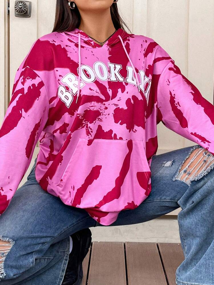 Plus Size Tie Dye Letter Graphic Kangaroo Pocket Drop Shoulder Sweatshirt
