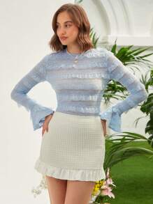 Enchnt Flounce Sleeve Lace Trim Blouse - Blue - View 4