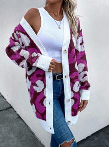 SHEIN LUNE Hoa văn Báo Thả vai Áo len Mở - Nhiều màu - Xem 6