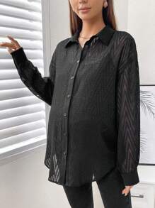 SHEIN 孕婦落肩袖前紐扣襯衫 - 黑色 - 查看 4