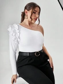SHEIN Privé Hơn Một bờ vai Viền Ruffle Áo thun - trắng - Xem 6