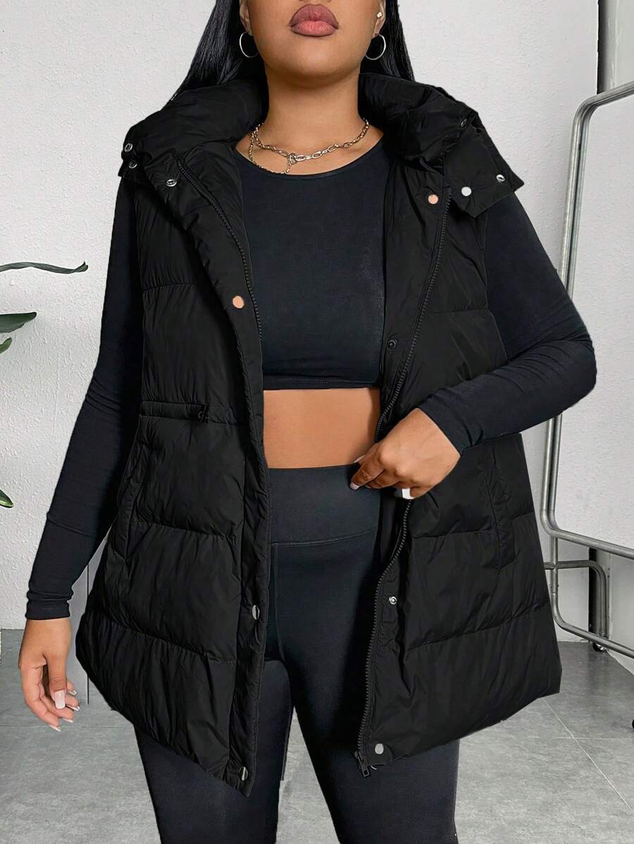 Chaleco con capucha con cremallera, para invierno, talla grande - Negro - Ver 1