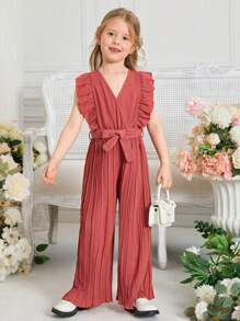 SHEIN Toddler Girls Ruffle Trim Pleated Belted Jumpsuit - Redwood - View 3