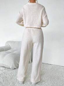 SHEIN Essnce Drop Shoulder Crop Teddy Sweatshirt & Pants - Apricot - View 2