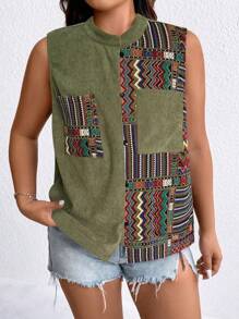 SHEIN LUNE 大碼幾何印花補丁貼口袋外套馬甲 - 軍綠色 - 查看 3