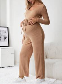 SHEIN Maternity Ribbed Knit Belted Jumpsuit - Khaki - View 7