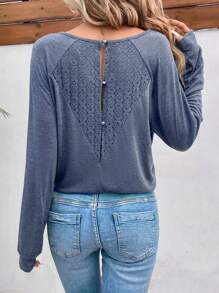 SHEIN Frenchy 蕾絲拼接插肩袖T恤 - 藏蓝色 - 查看 1