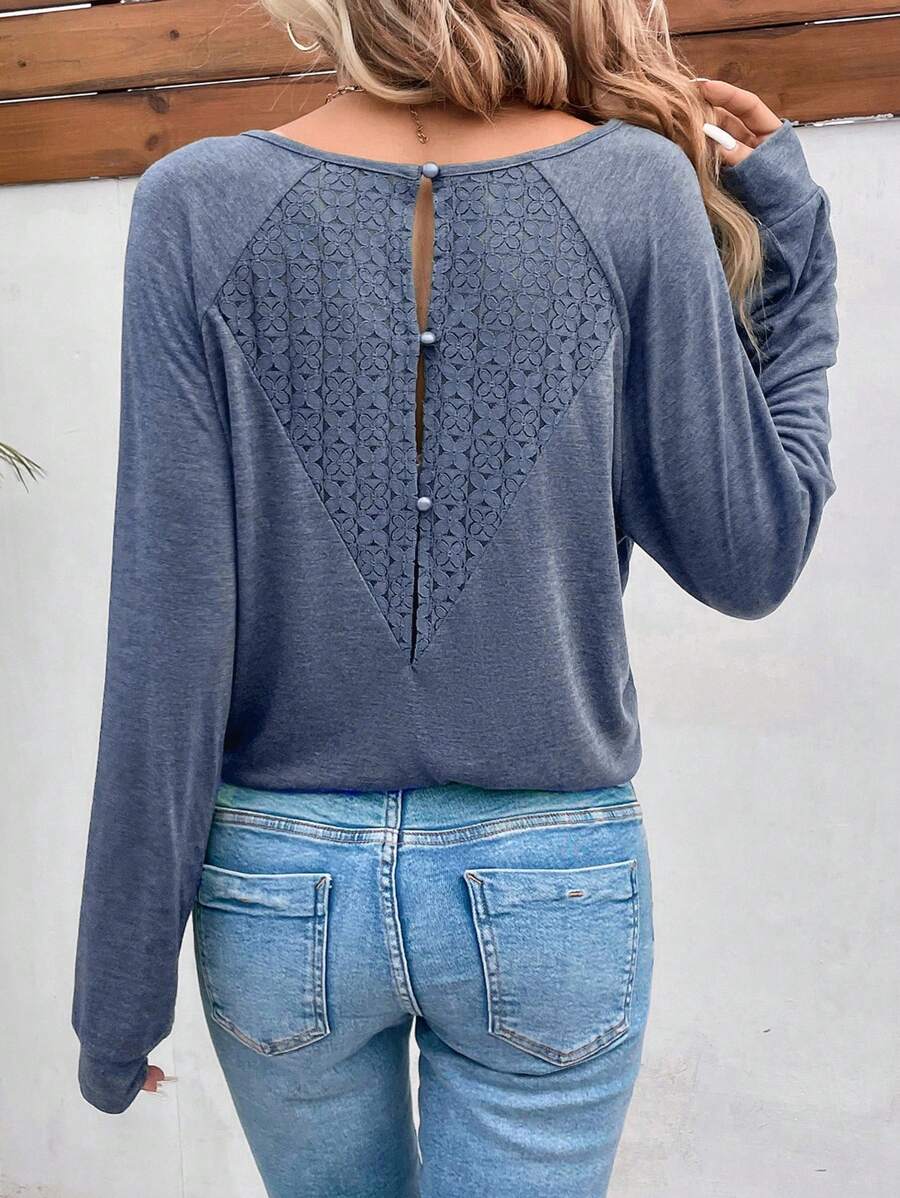 SHEIN Frenchy 蕾絲拼接插肩袖T恤 - 藏蓝色 - 查看 1