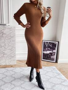 SHEIN Clasi Cổ giả Đồ đan Ribbed Đầm Áo len Không có thắt lưng - Cà phê nâu - Xem 5