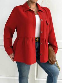 Calvaya 大碼落肩袖翻蓋口袋荷葉擺前紐扣外套 - 紅色 - 查看 7