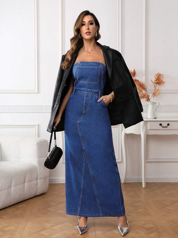 Slant Pocket Split Back Tube Denim Dress