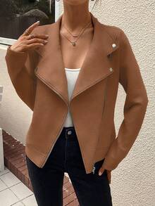 SHEIN LUNE Dây kéo Áo khoác moto - Màu Khaki - Xem 5