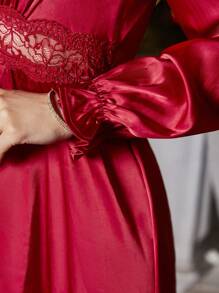 SHEIN Frenchy Guipure Lace Insert Flounce Sleeve Dress - Red - View 3