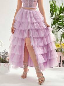 Enchnt High Low Layered Ruffle Mesh Overlay Skirt - Pink - View 3