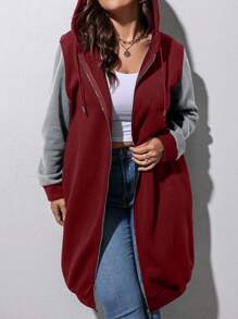 Calvaya 大码撞色落肩抽绳拉链卫衣 - 酒紅色 - 查看 3