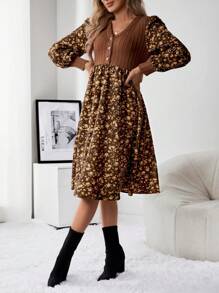 SHEIN Maternity Ditsy Floral Print Lantern Sleeve Dress - Brown - View 3
