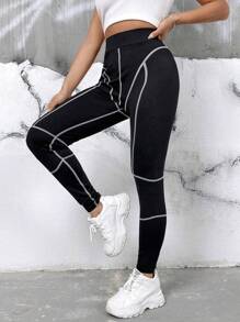 Muchica 頂針寬腰帶緊身打底褲 - 黑色 - 查看 5