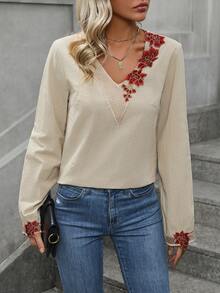 SHEIN LUNE Đồ trang trí hoa Tay áo lồng đèn Áo sơ mi - Màu be - Xem 3