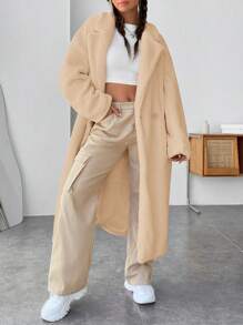 SHEIN EZwear 西裝領落肩袖雙排釦絨毛外套 - 杏色 - 查看 5