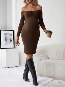 SHEIN Thai sản Off Shoulder Viền mặt trước Váy bodycon - Màu nâu  Mocha - Xem 3