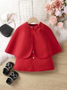 Baby Girl Solid Cape Coat & Button Front Dress - Red - View 5