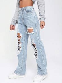 SHEIN EZwear Ripped Straight Leg Jeans - Baby Blue - View 3