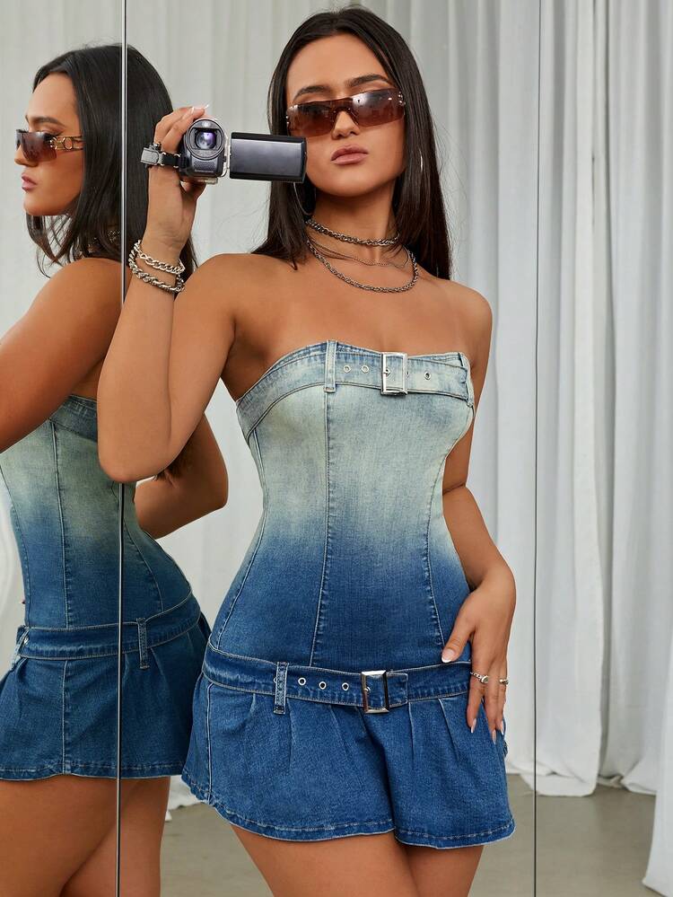 Ombre Buckle Belted Tube Denim Dress