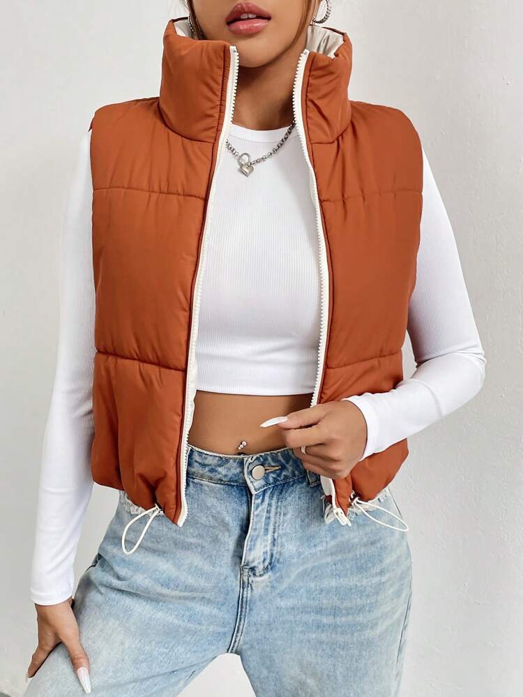 Drawstring Hem Zipper Vest Padded Padded Coat Clothes Winter