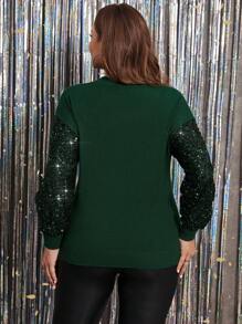 SHEIN Clasi Plus Contrast Sequin Drop Shoulder Sweater, Winter - Dark Green - View 2