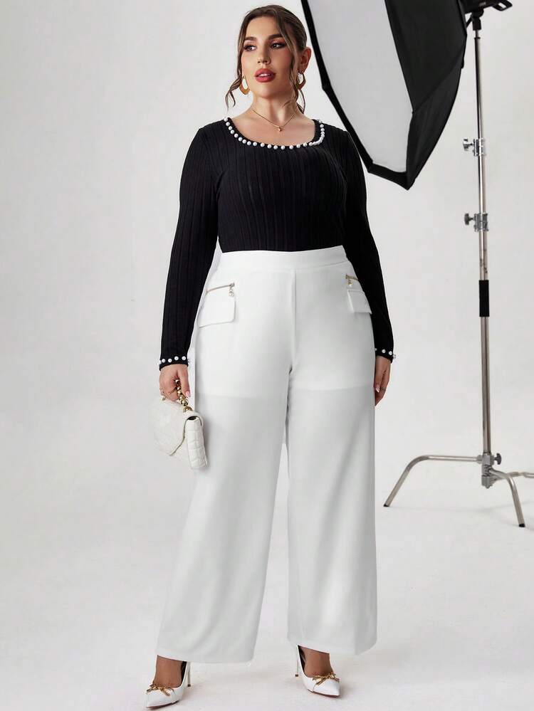 Plus Flap Detail Wide Leg Pants
