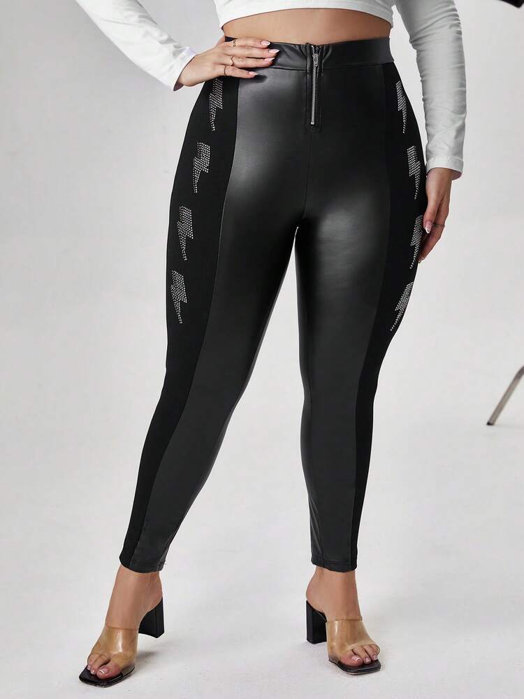Plus Rhinestone Lightning Graphic Zip Fly Leggings