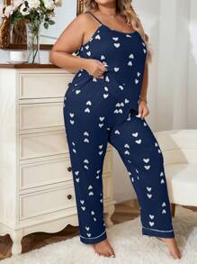 Plus Heart Print Contrast Piping PJ Set / Pajama Set - Royal Blue - View 3