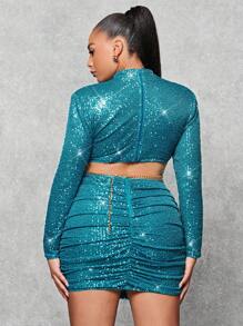 SHEIN BAE Robe de soirée formelle pour femmes de grande taille avec sequins bleus pour le Nouvel An - Vert - Voir 2