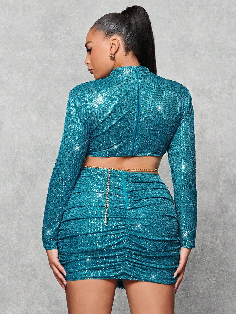 New Year'S Eve Party Blue Sequined Plus Size Ladies Formal Dress