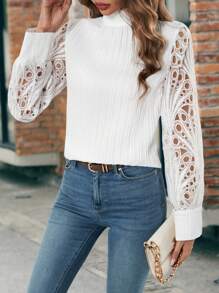 SHEIN Frenchy 提花蕾絲燈籠袖小高領後鎖孔襯衫